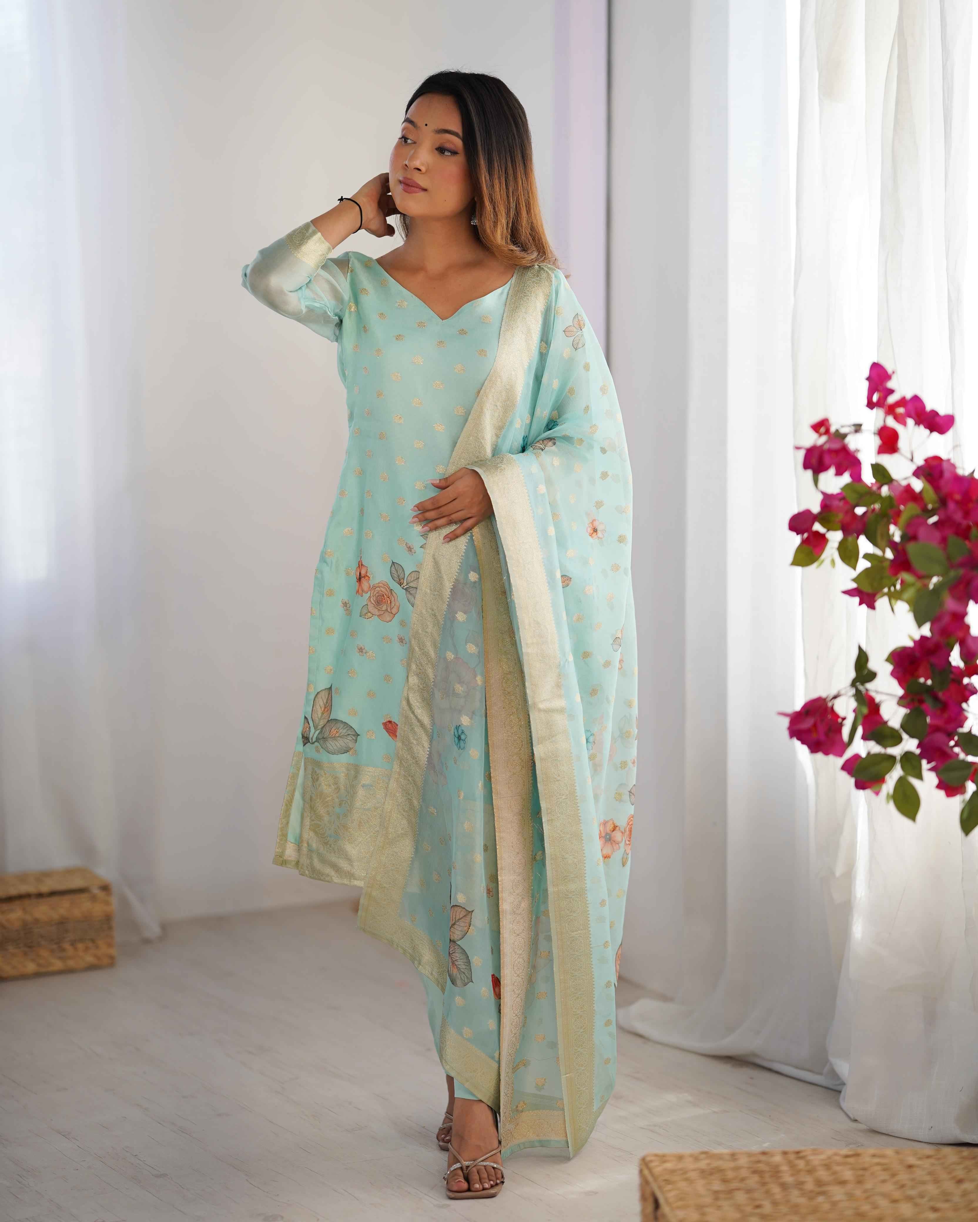 Party Wear Sky Blue Color Chanderi Silk Kurti  For Girls