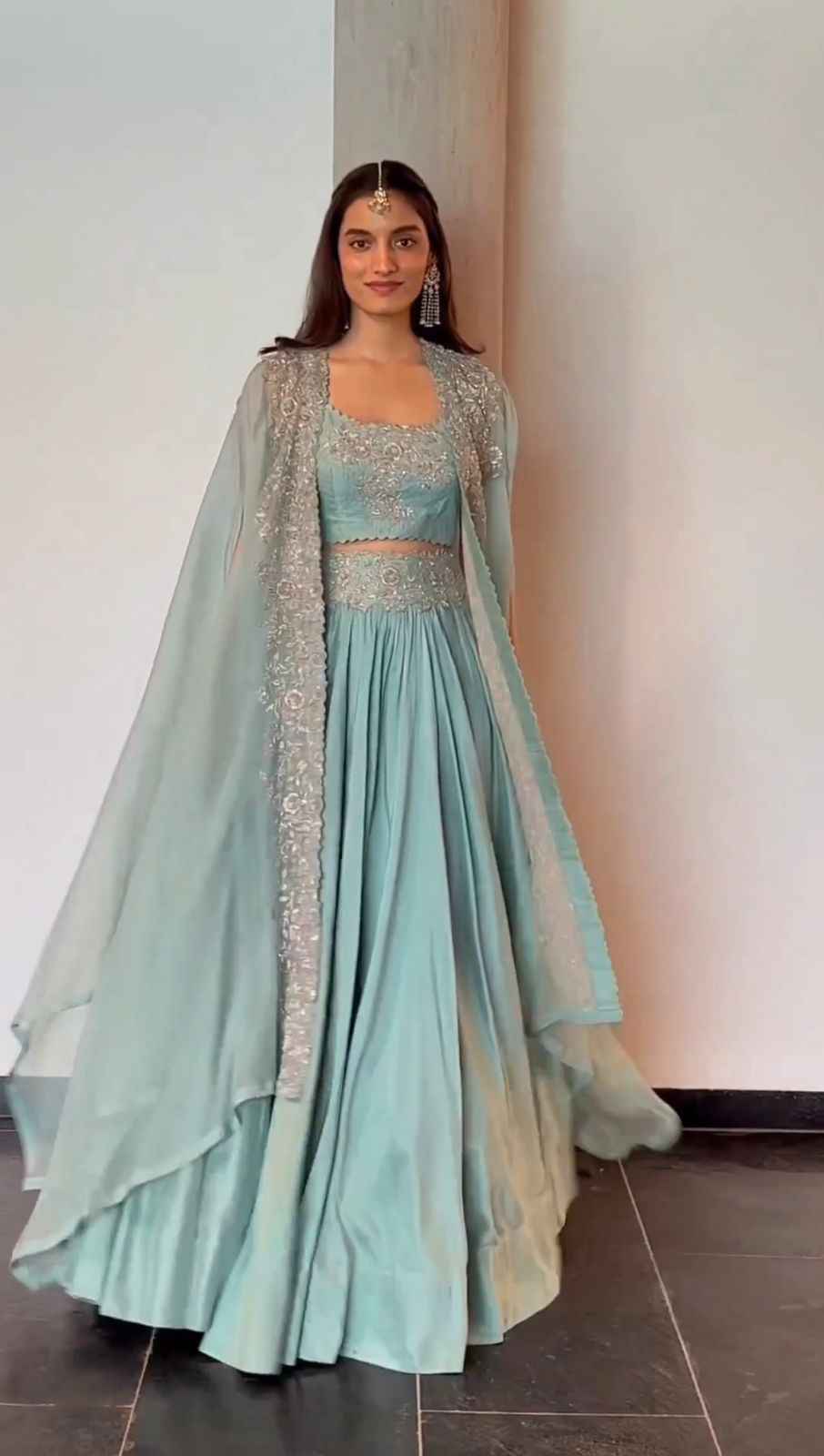 Party Wear Sky Blue Color Chinon Silk Lehenga Foe Women