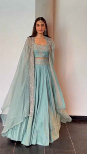 Party Wear Sky Blue Color Chinon Silk Lehenga Foe Women