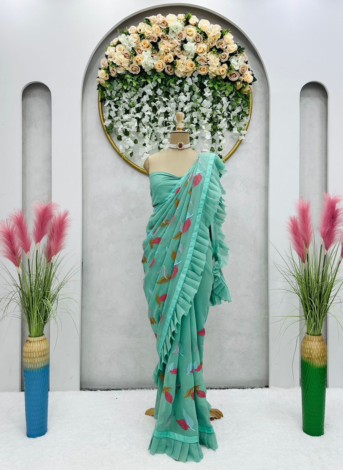 Party Wear Sky Blue Color Faux Georgette Saree For Girls