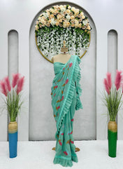 Party Wear Sky Blue Color Faux Georgette Saree For Girls