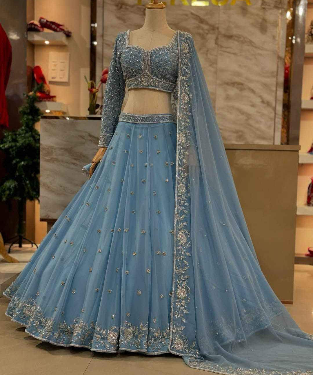 Party Wear Sky Blue Color Fox Gorgette Lehenga For Girls