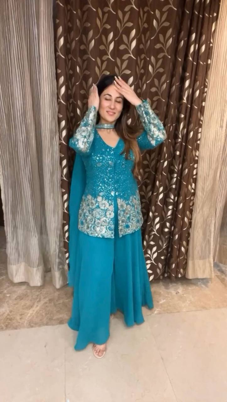 Party Wear Sky Blue Color Georgette Sharara For Girls
