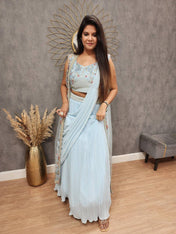 Party Wear Sky Blue Color Georgette With Embroidery Saree For Women