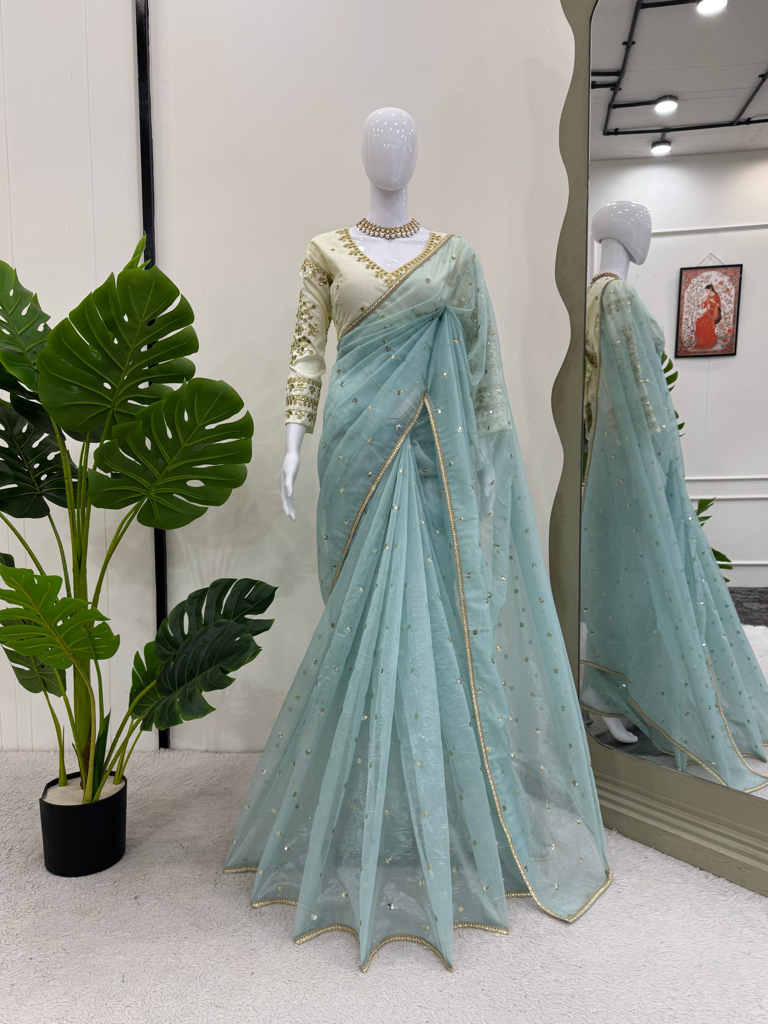 Party Wear Sky Blue Color Havy Twill Net Saree For Women