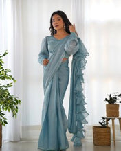 Party Wear Sky Blue Color Jimmy Choo Organza Saree For Girls
