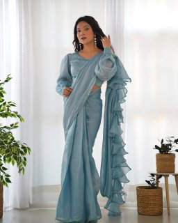 Party Wear Sky Blue Color Jimmy Choo Organza Saree For Girls