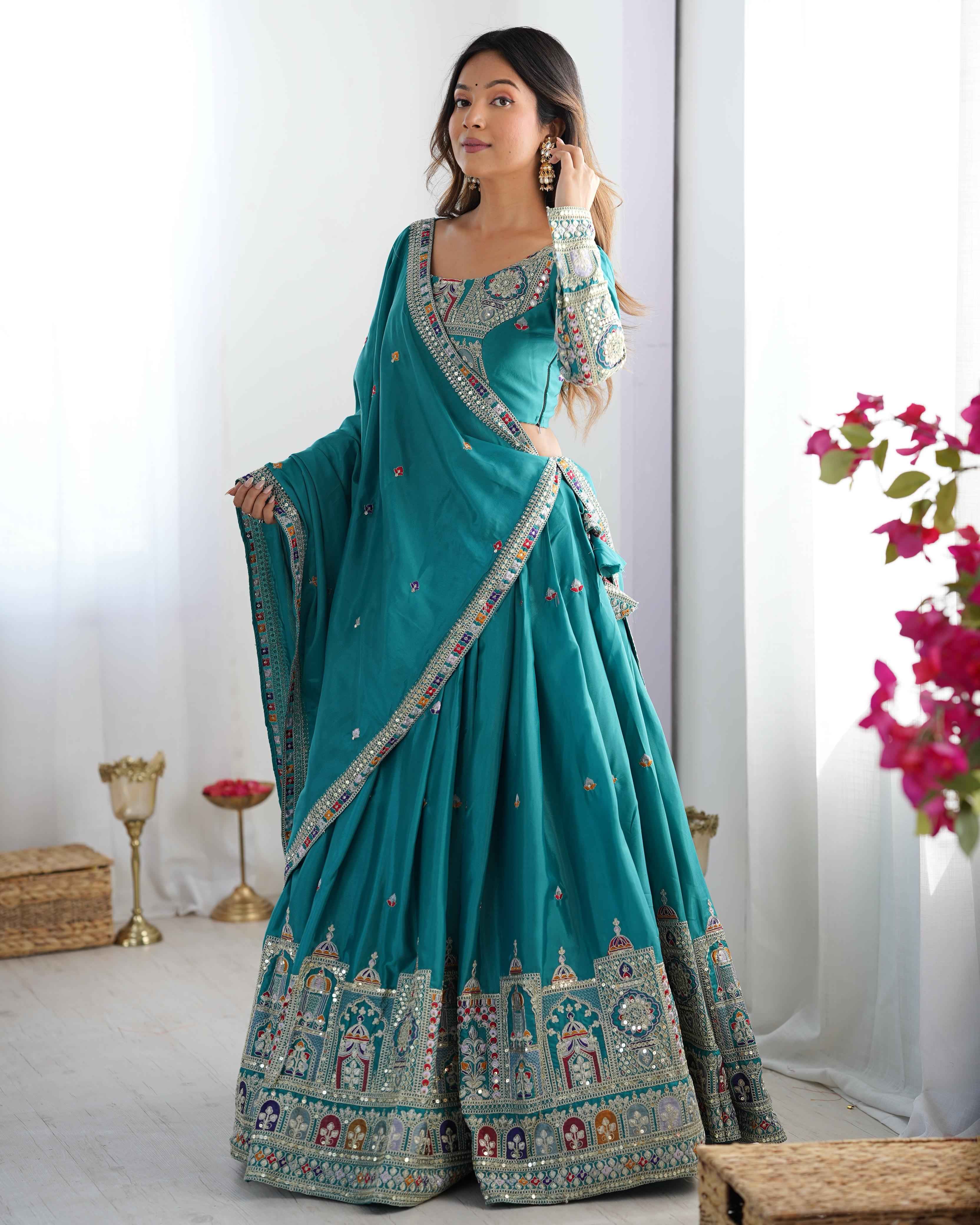 Party Wear Sky Blue Color Natural Crep Silk Lehenga For Women