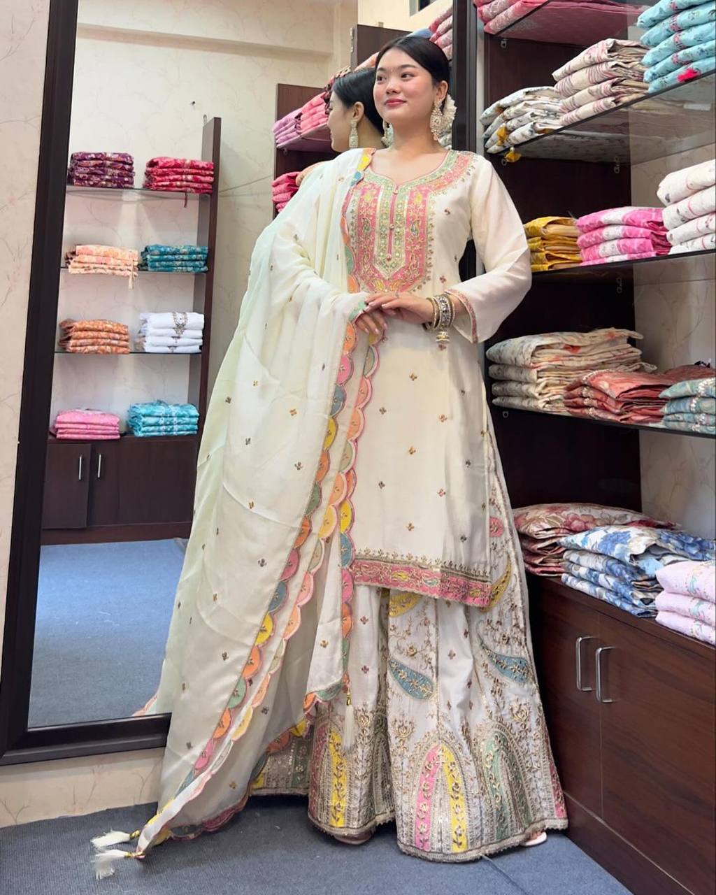 Party Wear White Color Chinon Silk Kurti For Girls