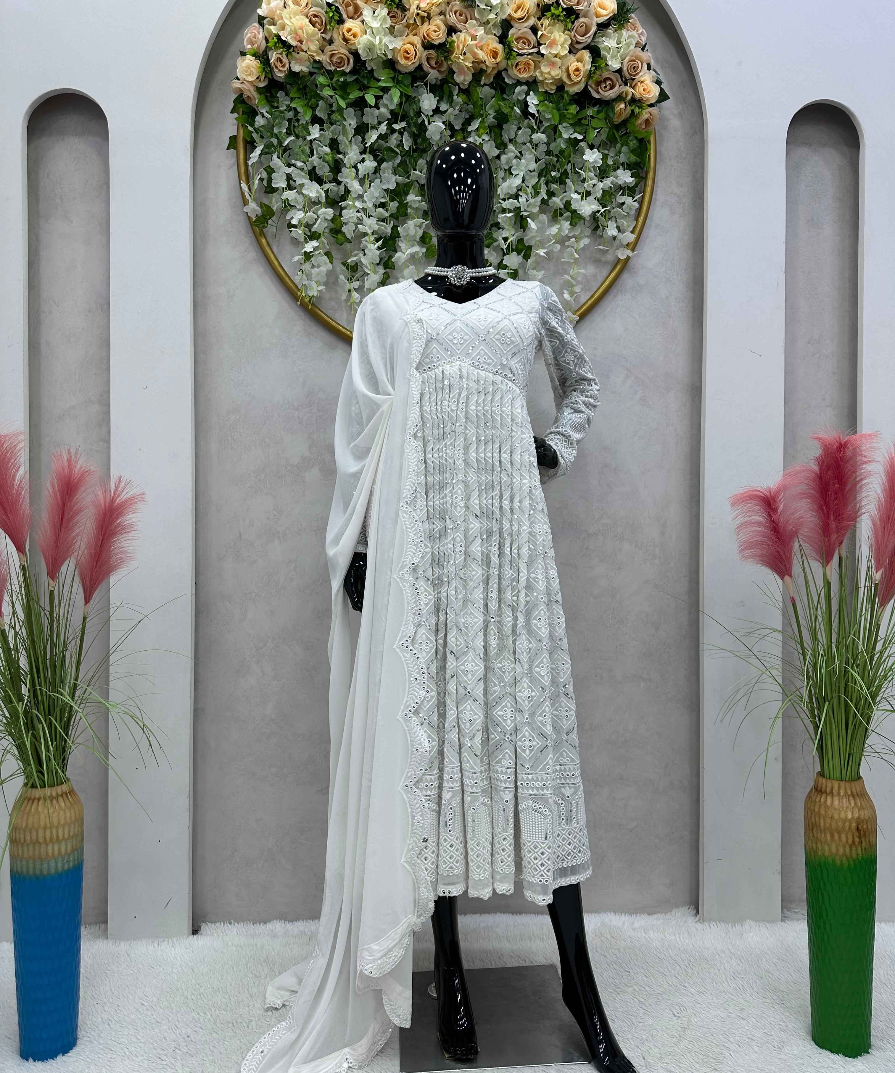 Party Wear White Color Foux Gorgette Gown For Girls