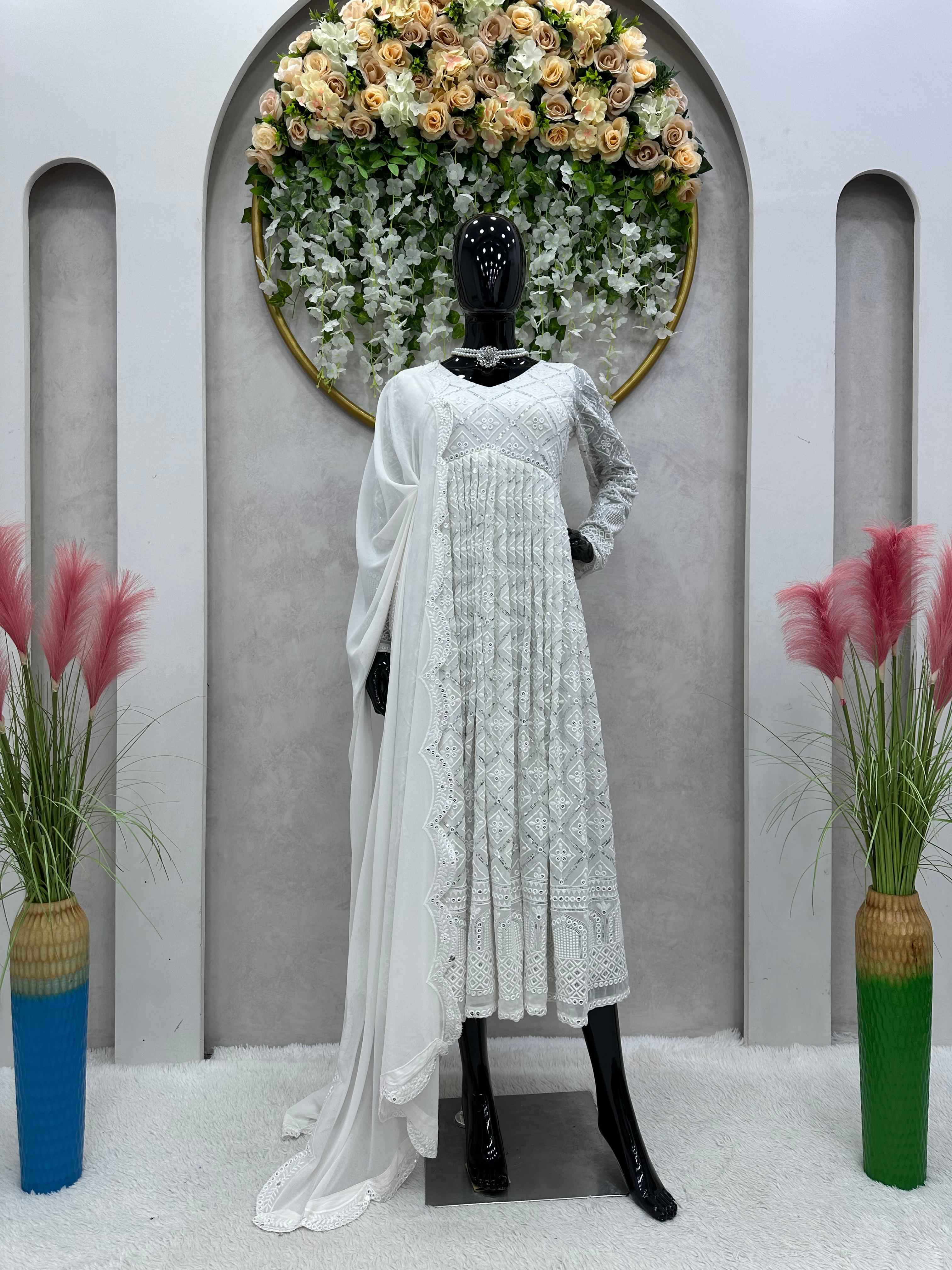 Party Wear White Color Foux Gorgette Gown For Girls