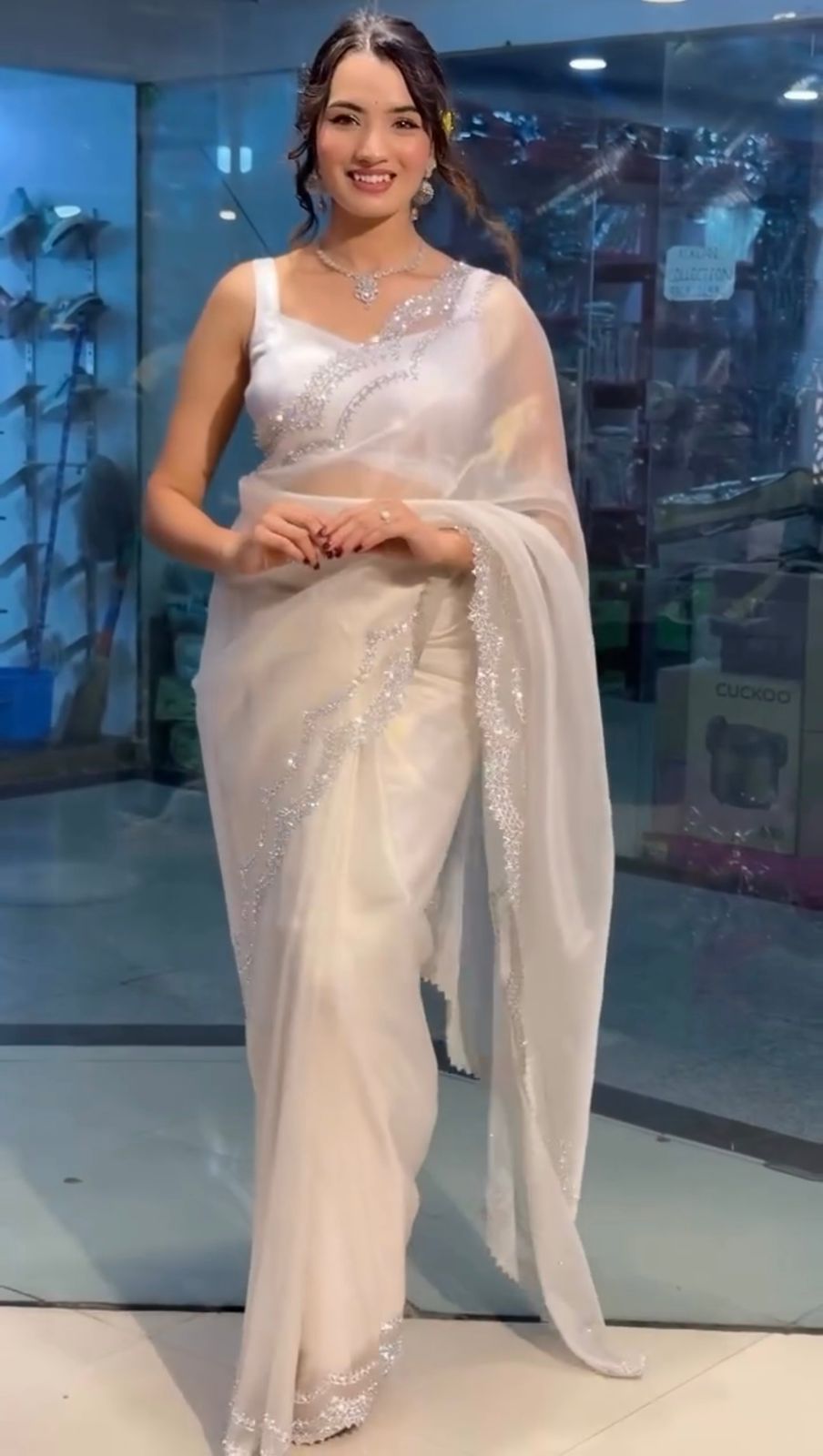 Party Wear White Color Havy Organza Silk Saree For Girls