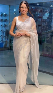 Party Wear White Color Havy Organza Silk Saree For Girls