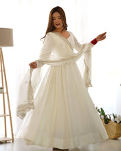 Party Wear White Color Heavy Roman Silk Chanderi Gown For Girls