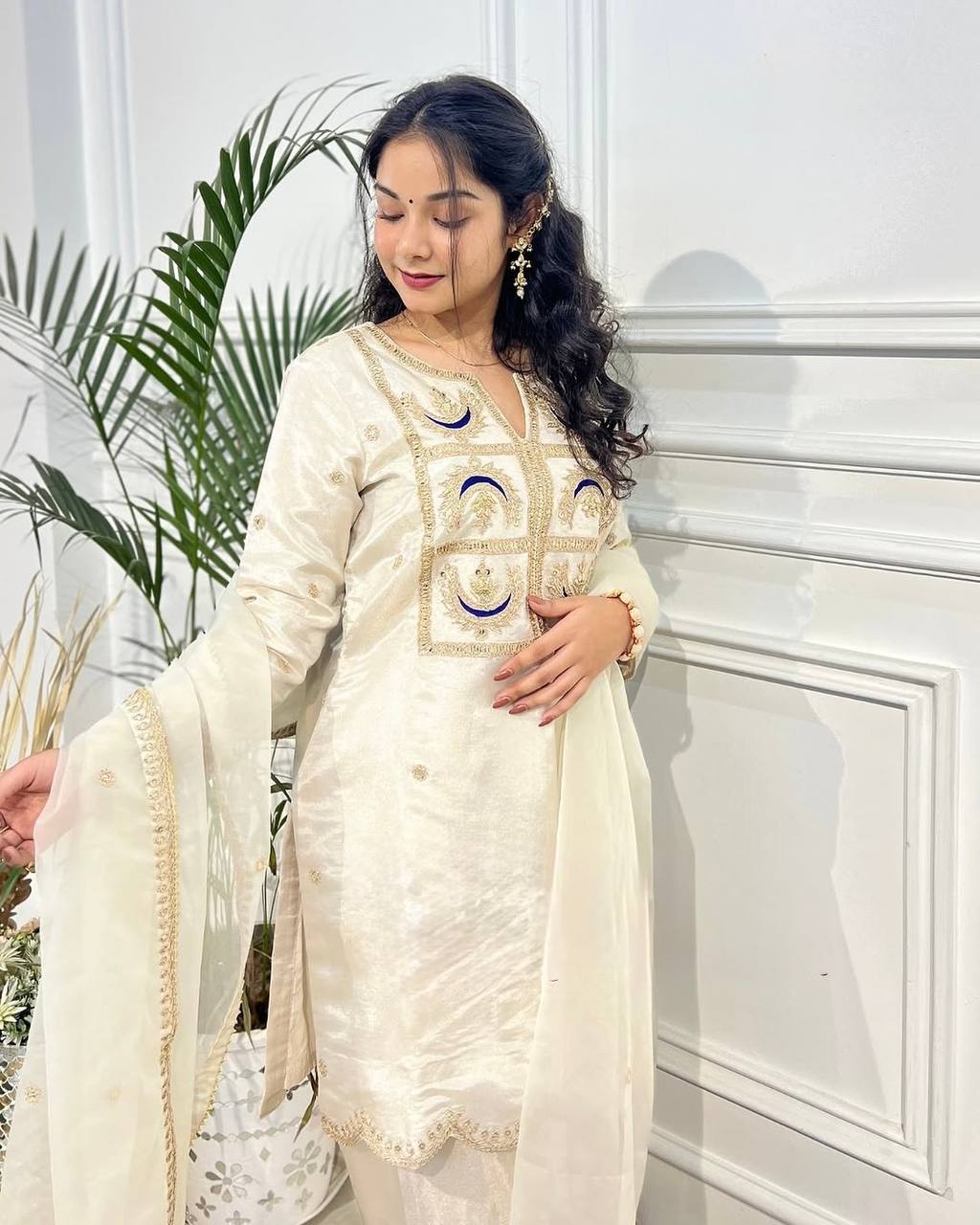 Party Wear White Color Heavy Vichitra Silk Sharara For Girls