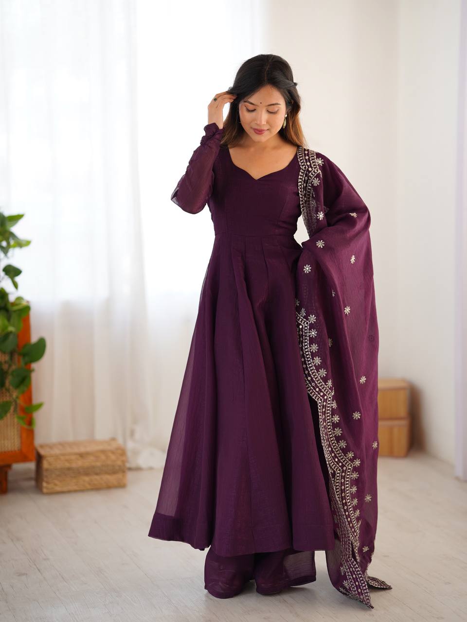 Party Wear Wine Color Heavy Fandy Silk Gown For Girls