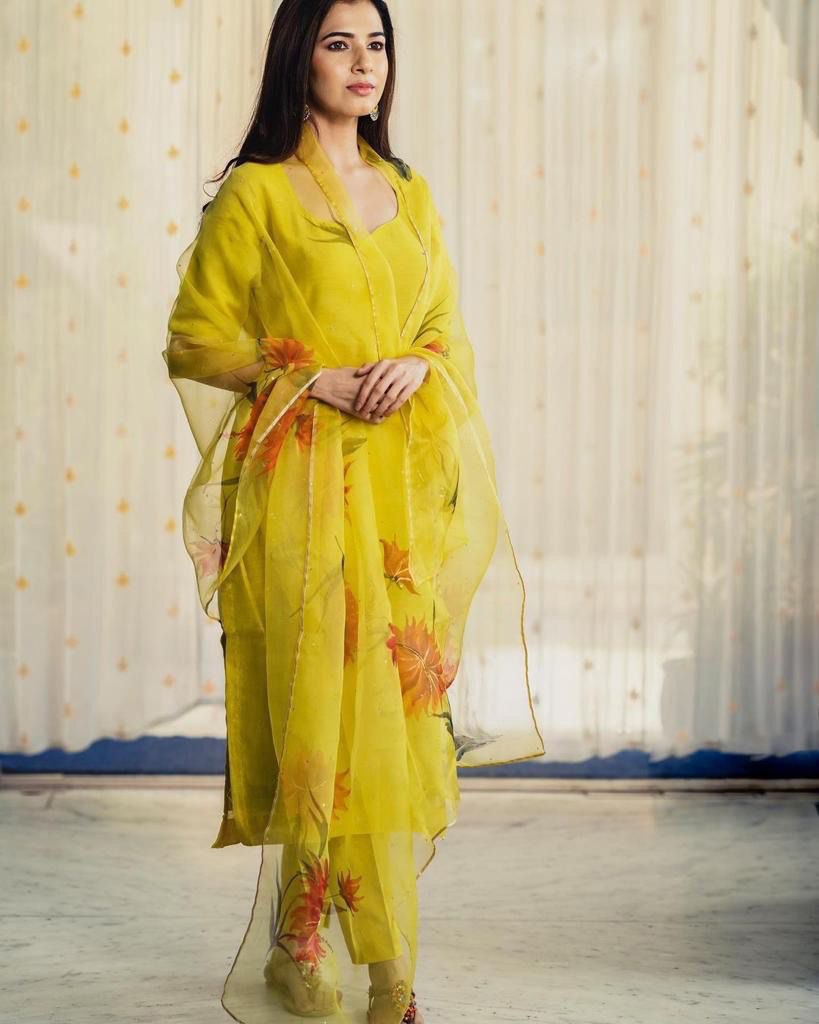 Party Wear Yellow Color Heavy Maska Cotton Silk Kurti For Girls