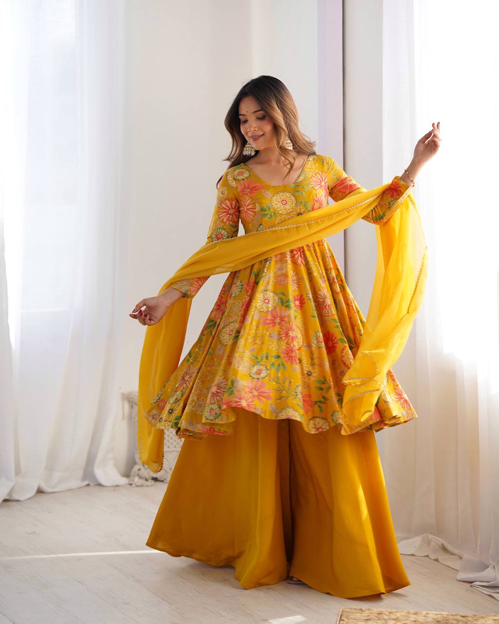 Party Wear Yellow Color Heavy Soft Chanderi Gown For Girls