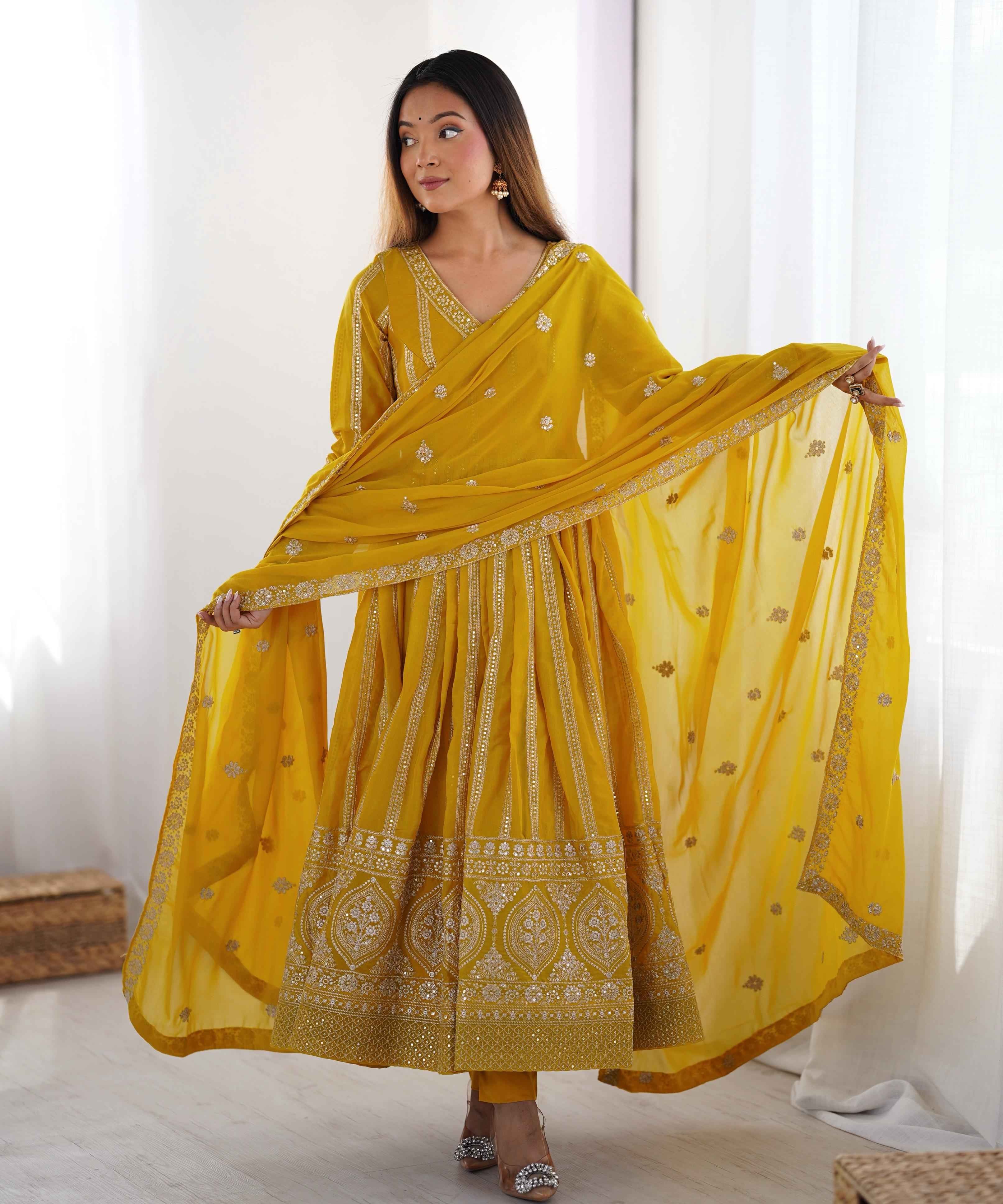Party Wear Yellow Color Star Georgette Gown For Girls