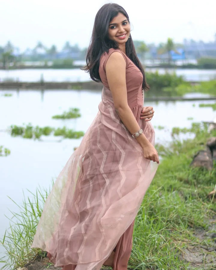 Soft Blush Pink & Brown Flowy Long Gown for Women