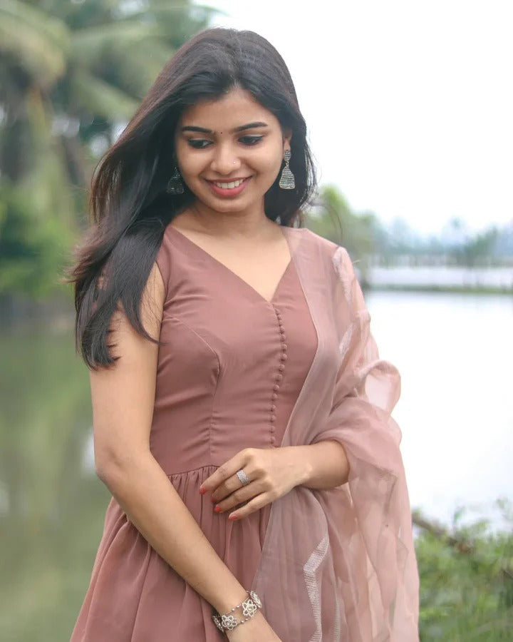 Soft Blush Pink & Brown Flowy Long Gown for Women