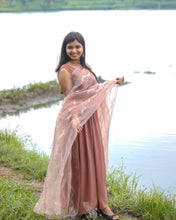 Soft Blush Pink & Brown Flowy Long Gown for Women