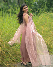 Soft Blush Pink & Brown Flowy Long Gown for Women