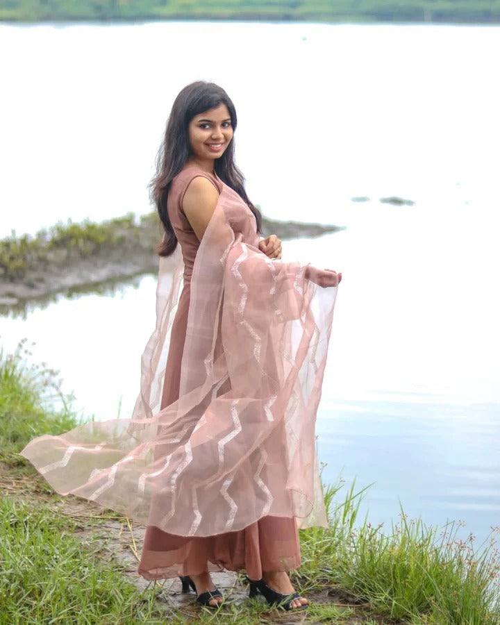 Soft Blush Pink & Brown Flowy Long Gown for Women