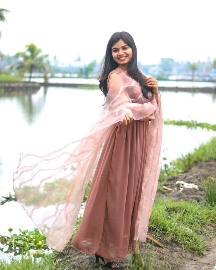 Soft Blush Pink & Brown Flowy Long Gown for Women