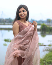 Soft Blush Pink & Brown Flowy Long Gown for Women