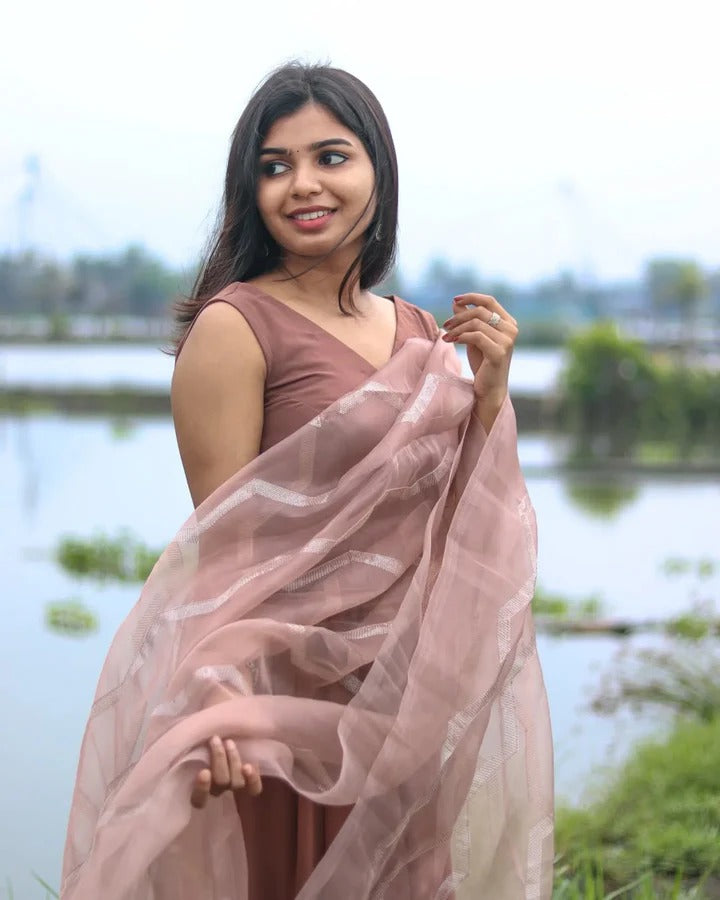 Soft Blush Pink & Brown Flowy Long Gown for Women