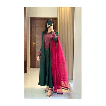 Pine Green & Rani Pink Embroidered Anarkali Suit with Organza Dupatta