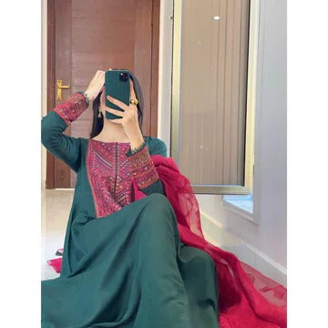 Pine Green & Rani Pink Embroidered Anarkali Suit with Organza Dupatta