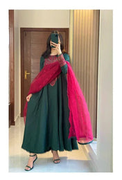 Pine Green & Rani Pink Embroidered Anarkali Suit with Organza Dupatta