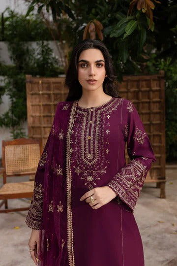 Maroon Embroidered 3 Piece Suit Set for Women