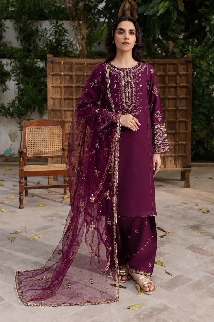 Maroon Embroidered 3 Piece Suit Set for Women