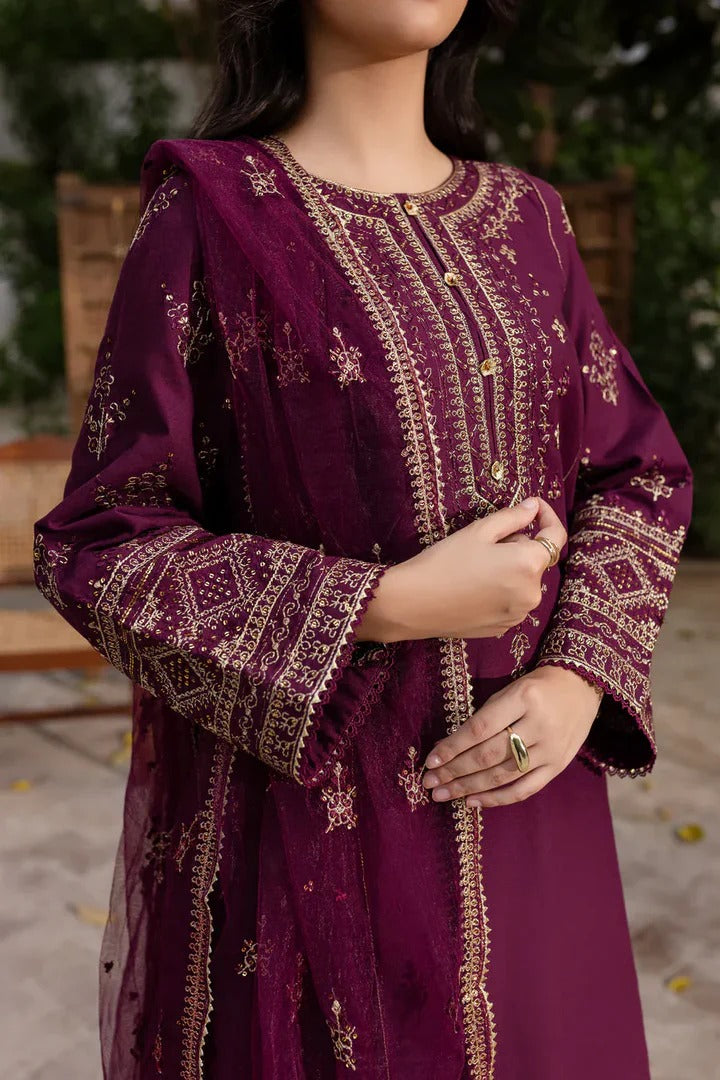 Maroon Embroidered 3 Piece Suit Set for Women