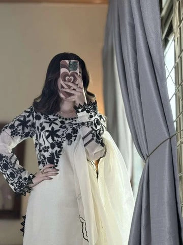 Elegant Off White & Black Embroidered Cotton Suit Set