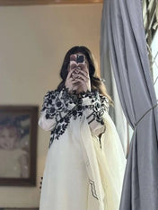 Elegant Off White & Black Embroidered Cotton Suit Set