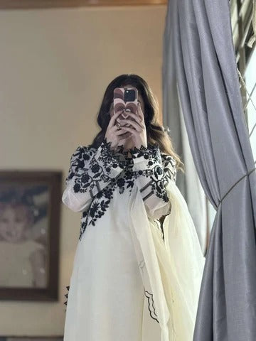 Elegant Off White & Black Embroidered Cotton Suit Set