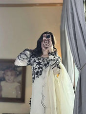 Elegant Off White & Black Embroidered Cotton Suit Set