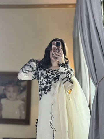 Elegant Off White & Black Embroidered Cotton Suit Set