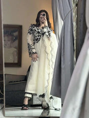 Elegant Off White & Black Embroidered Cotton Suit Set