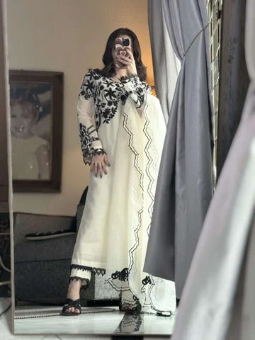 Elegant Off White & Black Embroidered Cotton Suit Set