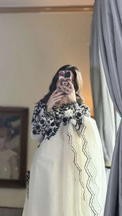 Elegant Off White & Black Embroidered Cotton Suit Set