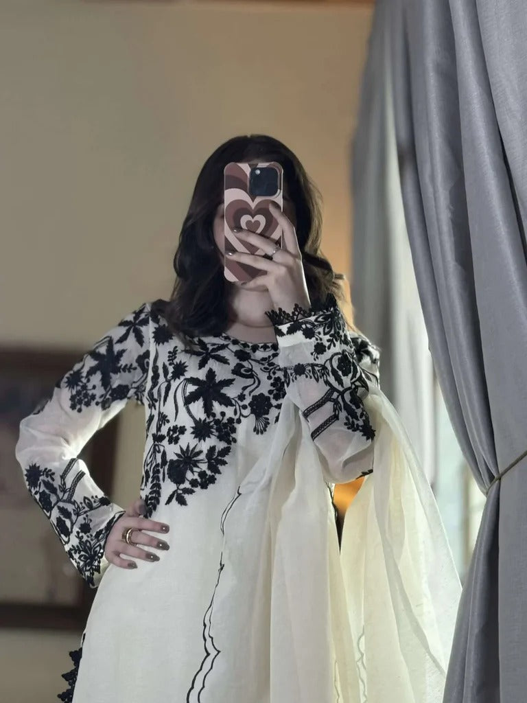 Elegant Off White & Black Embroidered Cotton Suit Set
