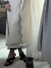 Elegant Off White & Black Embroidered Cotton Suit Set
