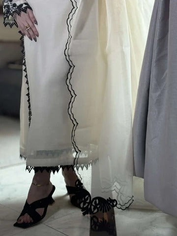 Elegant Off White & Black Embroidered Cotton Suit Set