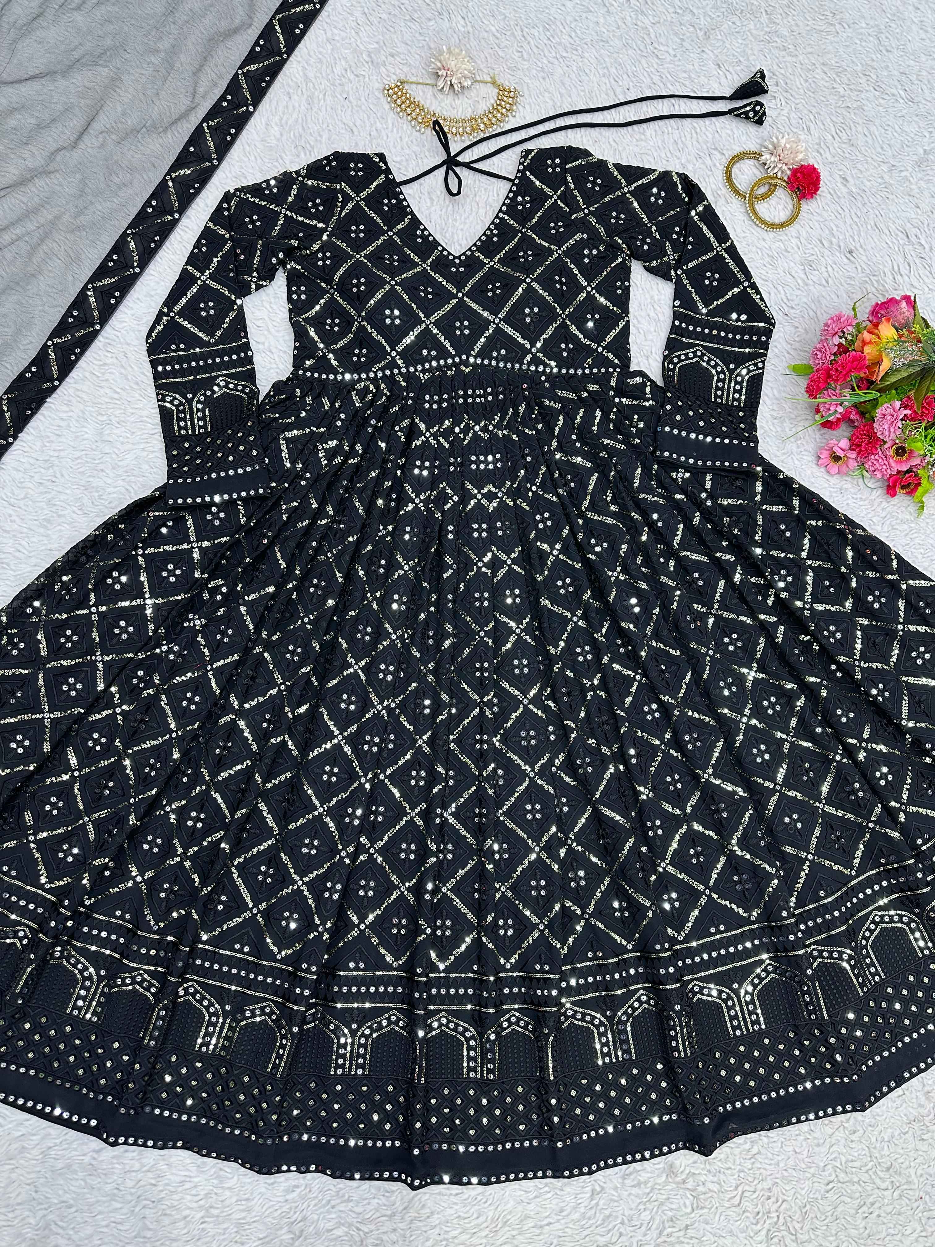 Party Wear Black Color Foux Gorgette Gown for Girls