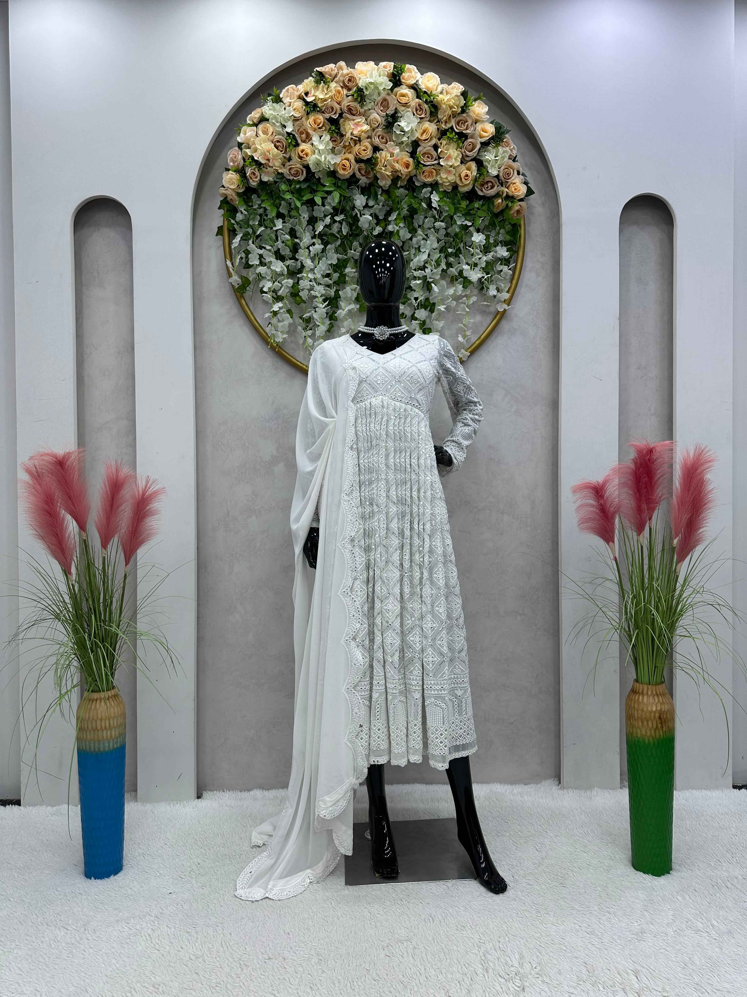Party Wear White Color Foux Gorgette Gown For Girls